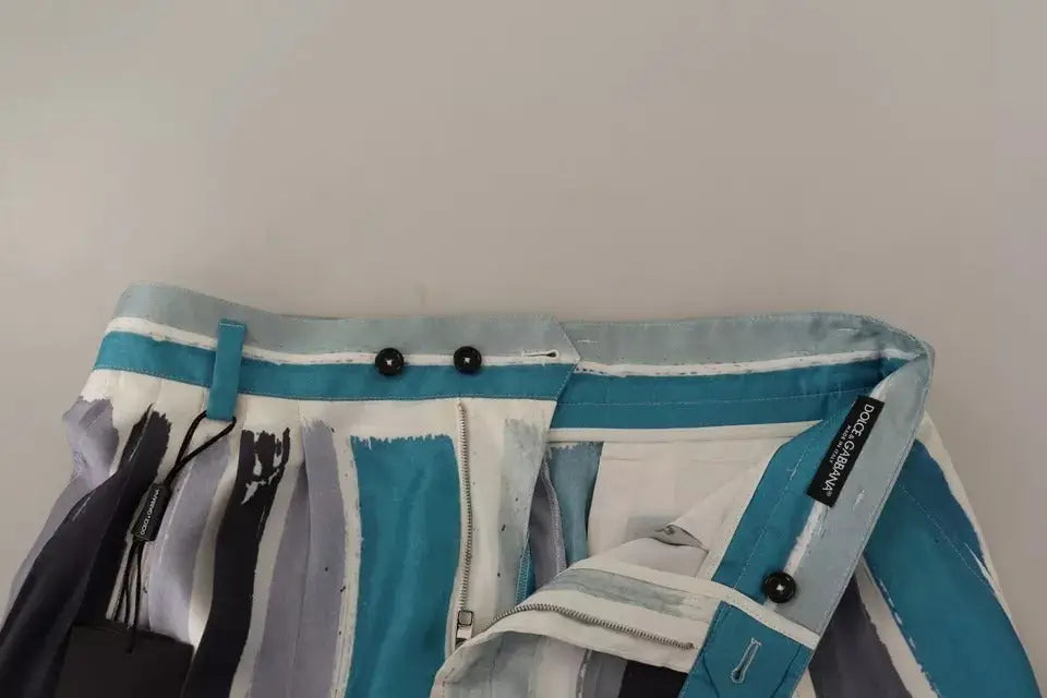 Dolce & gabbana pantalons pour hommes en soie bleu avec motif abstrait en brosse teal blanc et gris et boutons noirs