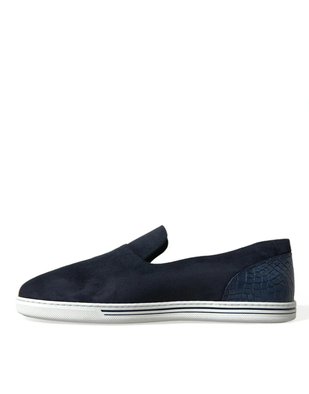 Mocassin bleu marine en daim dolce & gabbana avec talon en cuir embossé crocodile et semelle blanche en caoutchouc