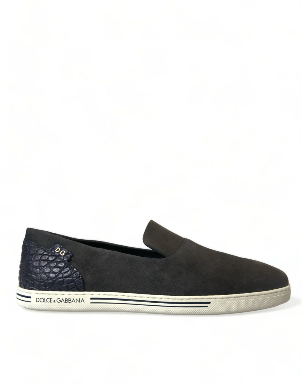 Dolce & gabbana blue suede caiman men loafers slippers shoes with black suede slip-on and navy crocodile panel