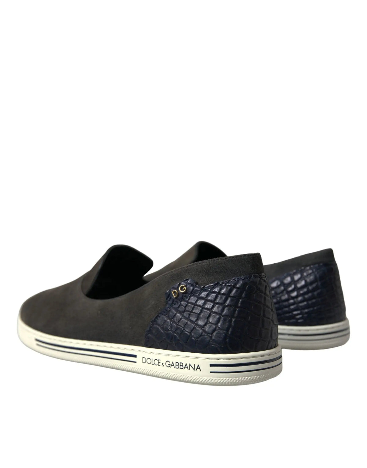 Chaussures dolce & gabbana bleu daim caïman pour homme avec semelle blanche en caoutchouc et panneau texturé croco noir au talon vue arrière