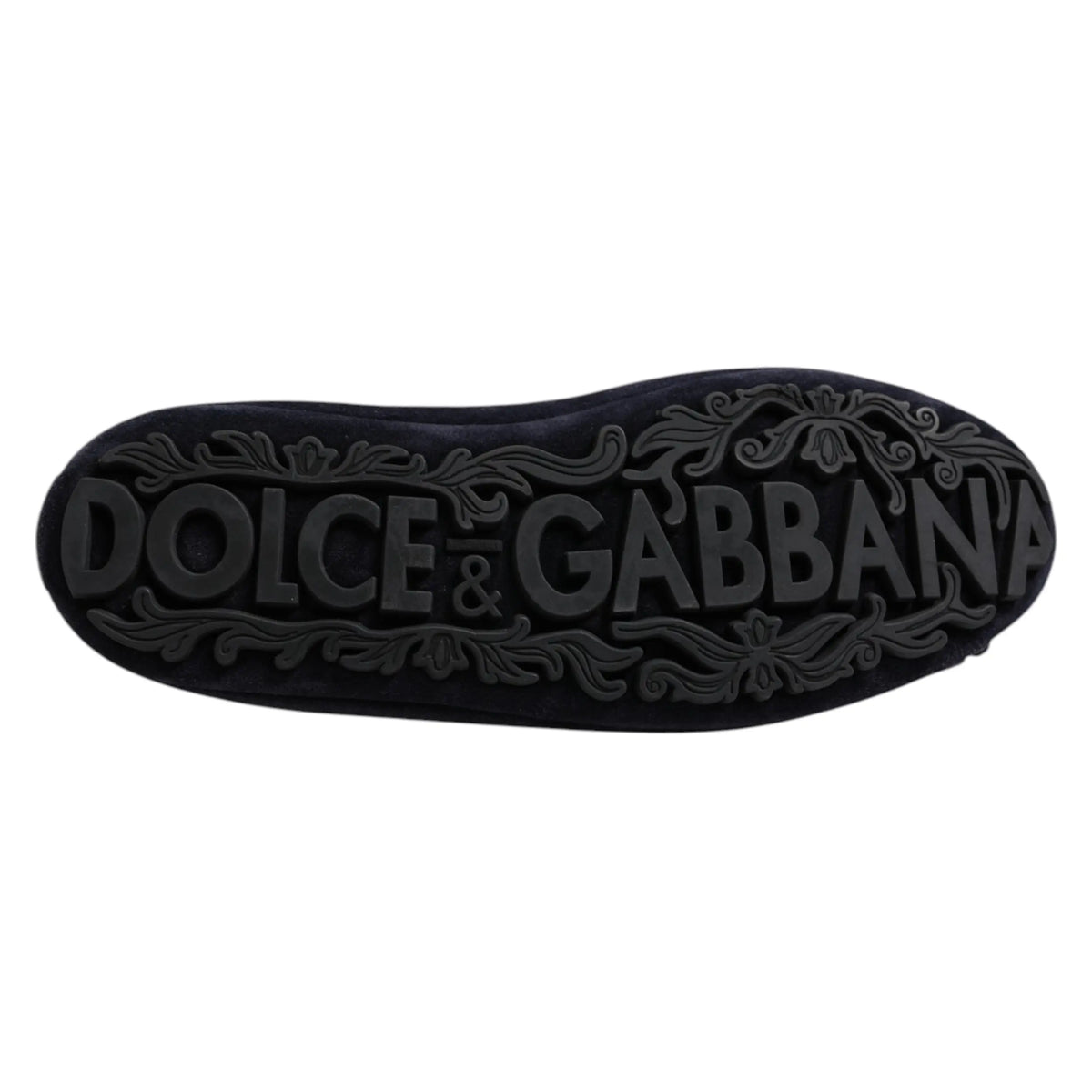 Semelle de chaussure noire en daim dolce & gabbana avec logo embossé et détails floraux ornés pour mocassins bleus en daim