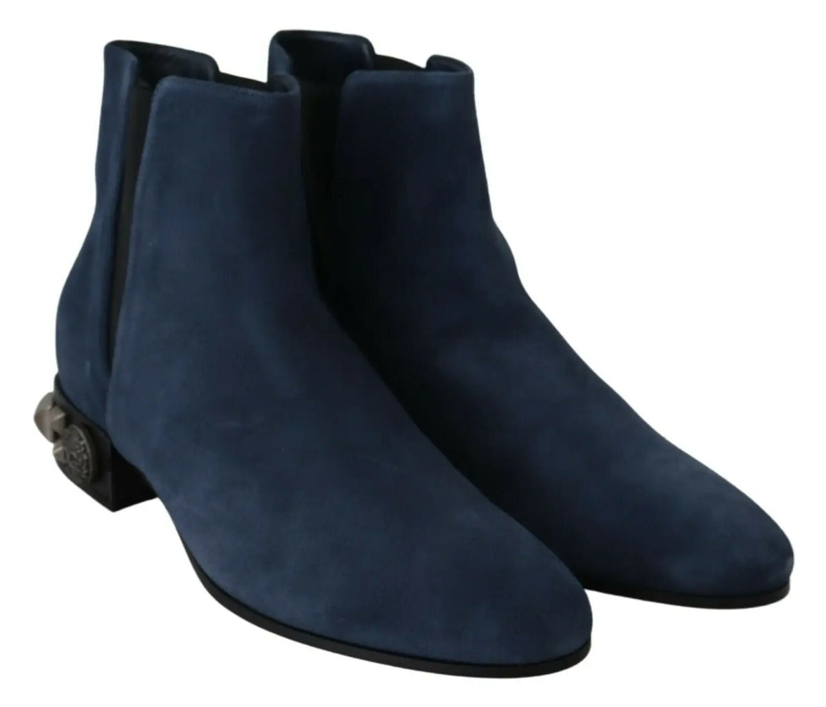 Bottes cheville en daim bleu marine dolce & gabbana avec ornement métallique distinctif au talon vue arrière