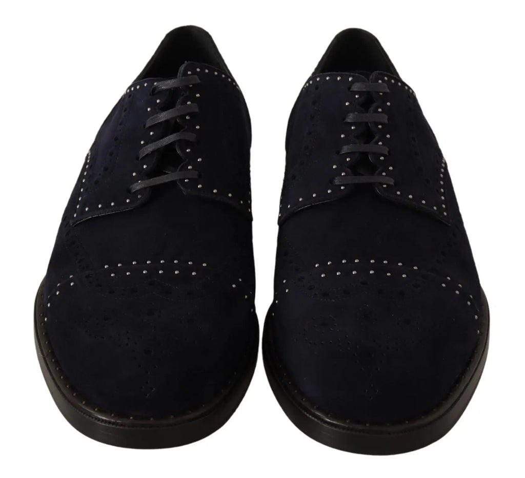 Dolce & gabbana blue suede leather derby studded shoes with black suede brogue design and white perforated stitching