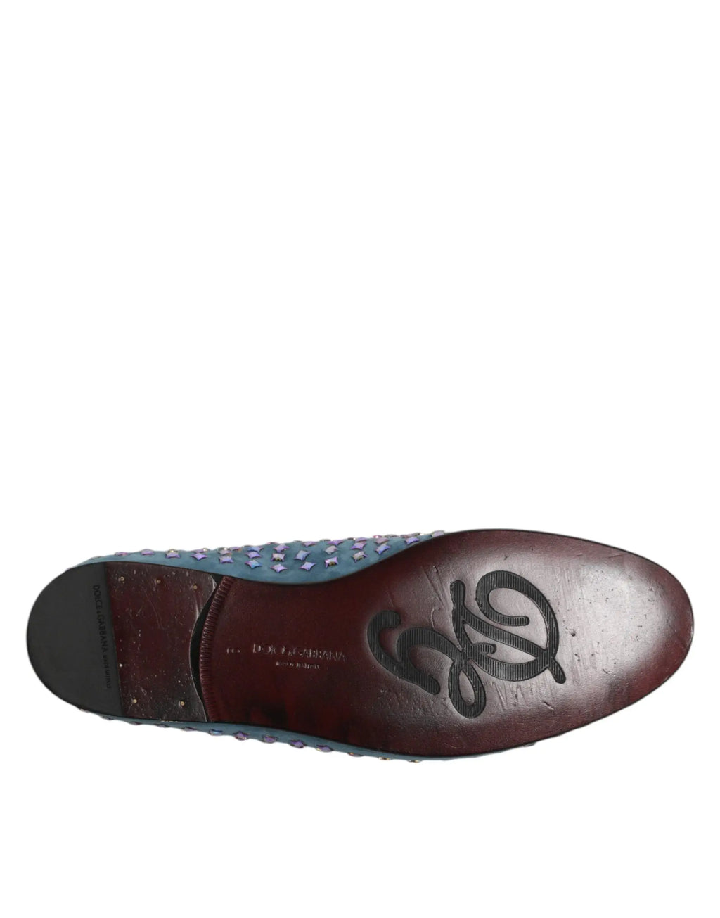 Mocassins homme dolce & gabbana en cuir brun foncé avec dessus bleu clair clouté et logo embossé sur la semelle