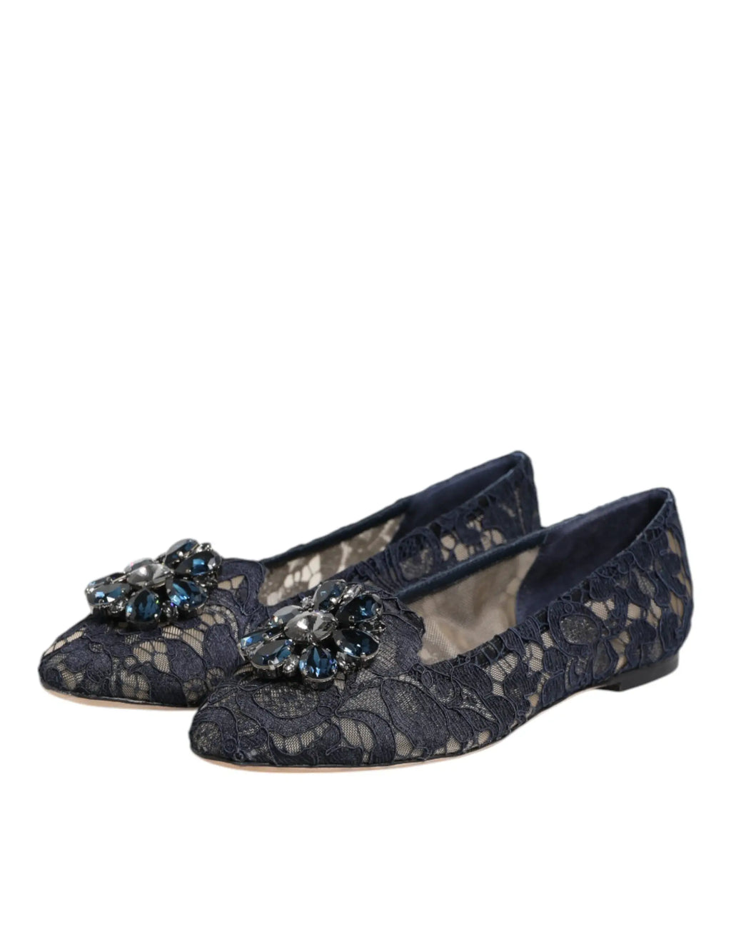 DOLCE & GABBANA bleu flats en dentelle marine avec cristaux bleus et argentés en forme de fleurs au bout