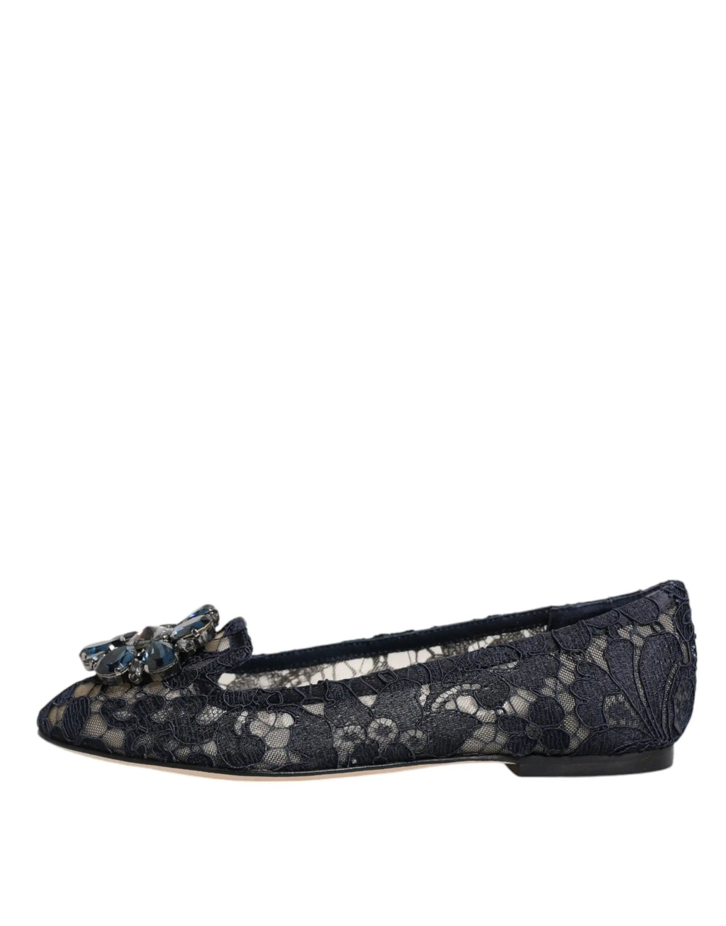 Chaussure plate noire en dentelle dolce gabbana avec nœud orné de cristaux au bout etau taormina bleu