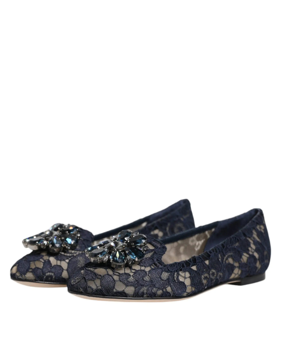 Flats bleu marine en dentelle dolce & gabbana taormina avec ornements floraux étincelants au bout