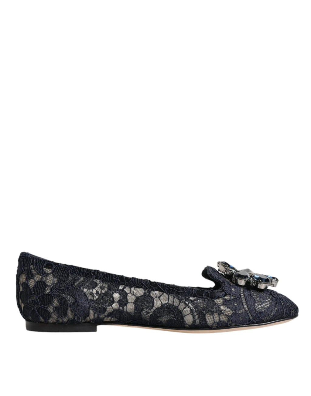 Chaussure plate noire en dentelle dolce & gabbana avec embellissement en cristal décoratif au bout