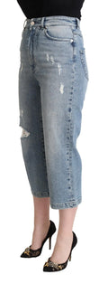 Jean capri denim bleu clair dolce & gabbana en coton déchiré avec taille haute et détails usés