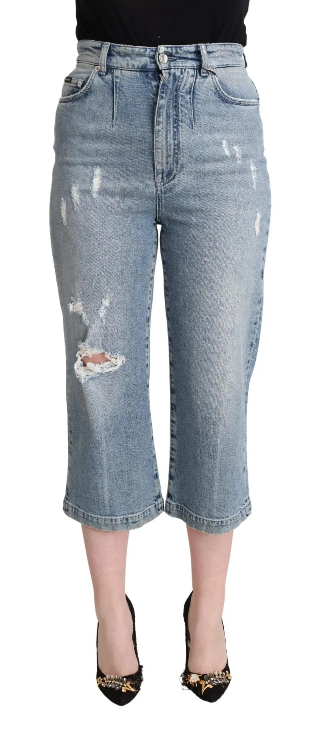 Dolce & Gabbana jean capri en coton bleu clair avec déchirures et détails usés aux cuisses et genoux