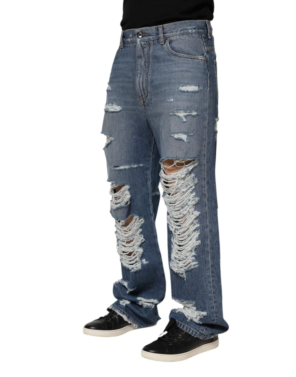 Jean denim bleu déchiré dolce & gabbana en coton avec genoux effilochés et coupe large