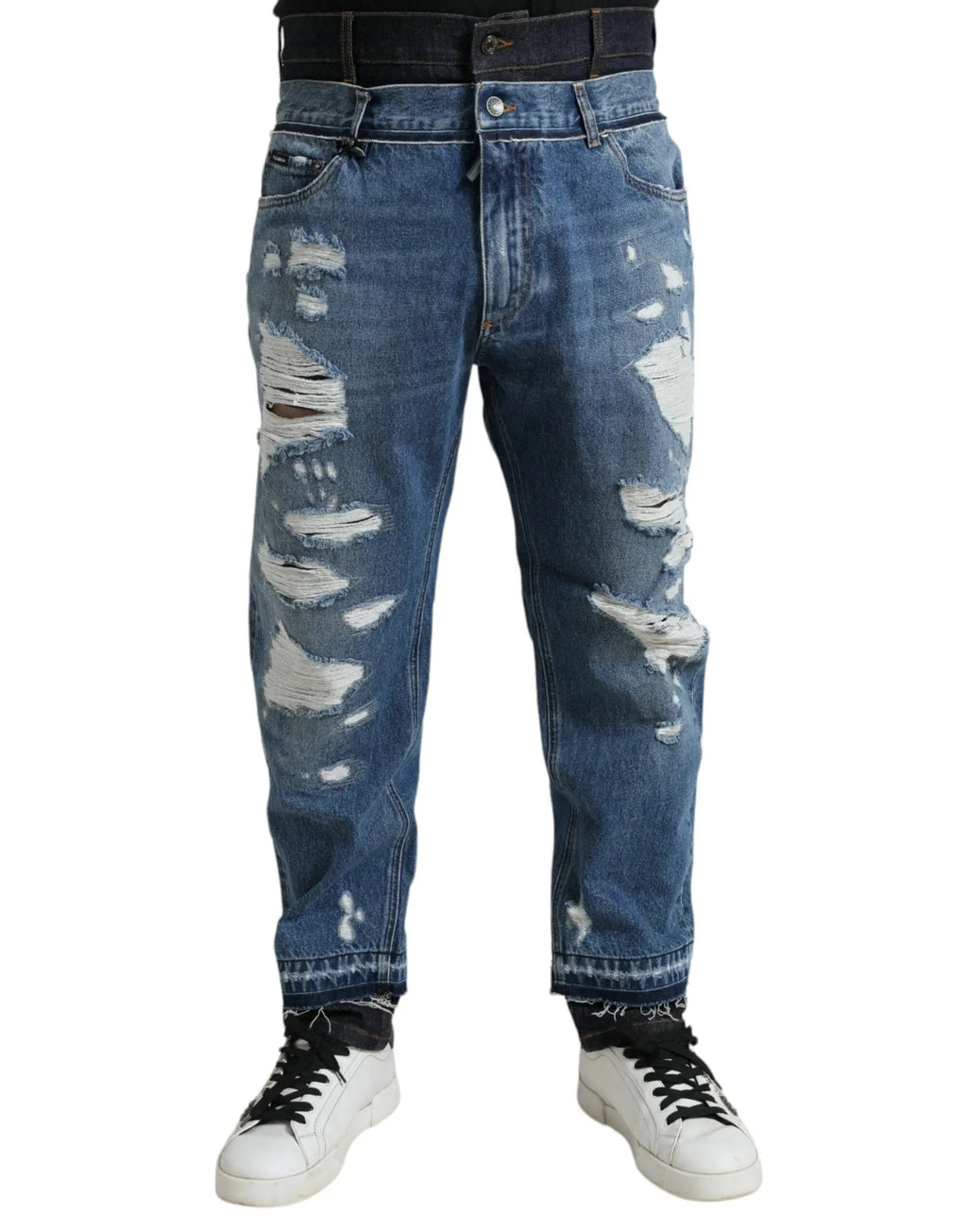 Jean denim bleu délavé en coton pour homme dolce gabbana avec genoux déchirés style usé