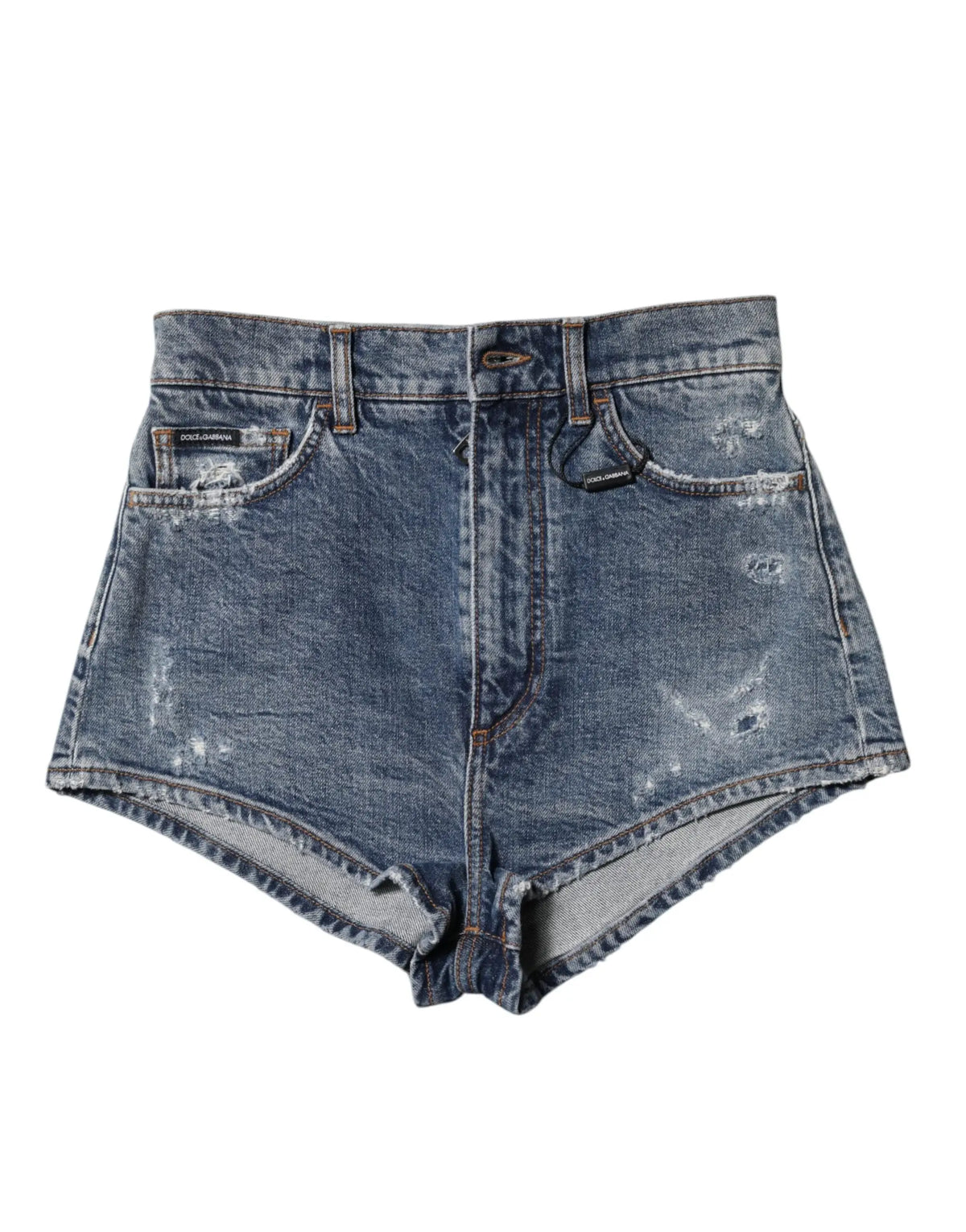 Short en jean délavé bleu effet usé dolce & gabbana en coton taille haute avec ourlets effilochés et effet whiskering subtil