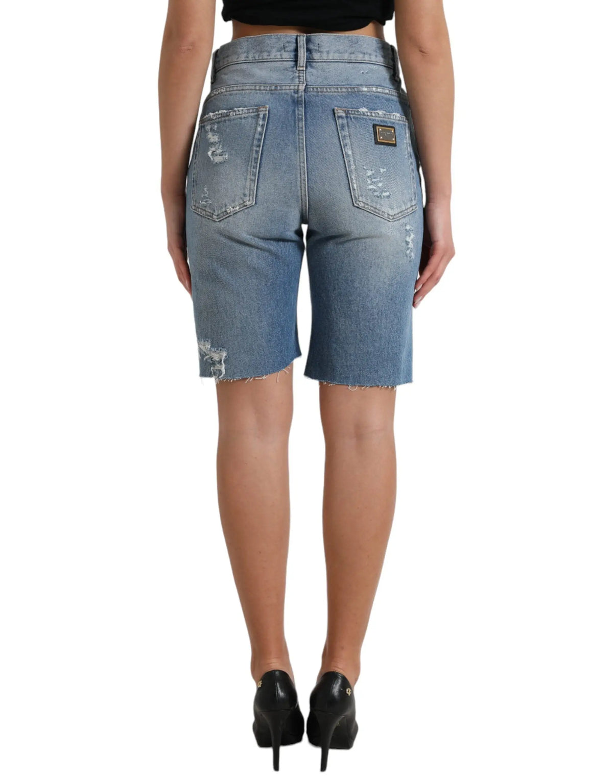 Dolce & gabbana bermuda shorts en denim bleu clair avec détails déchirés et ourlet effiloché élégants