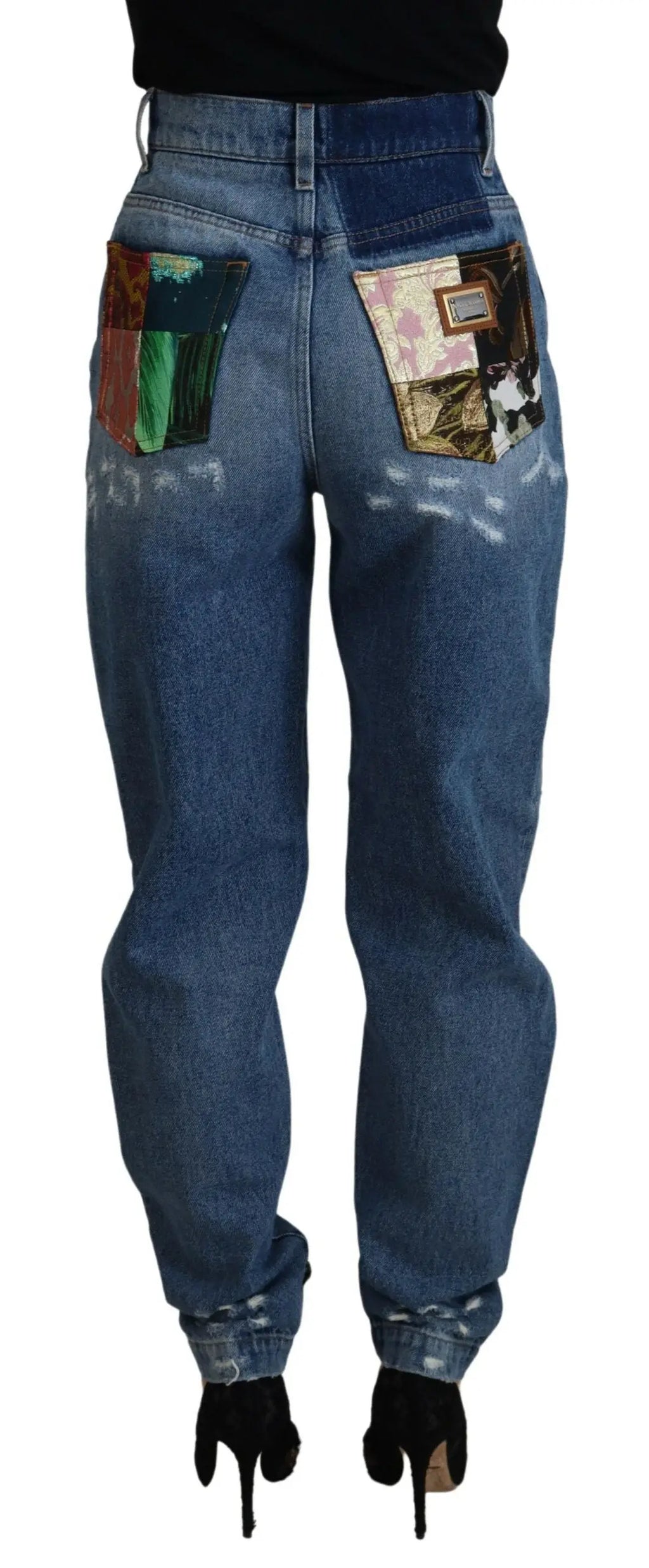 Jean skinny bleu déchiré dolce & gabbana en coton avec poches patchwork colorées et texturées au dos