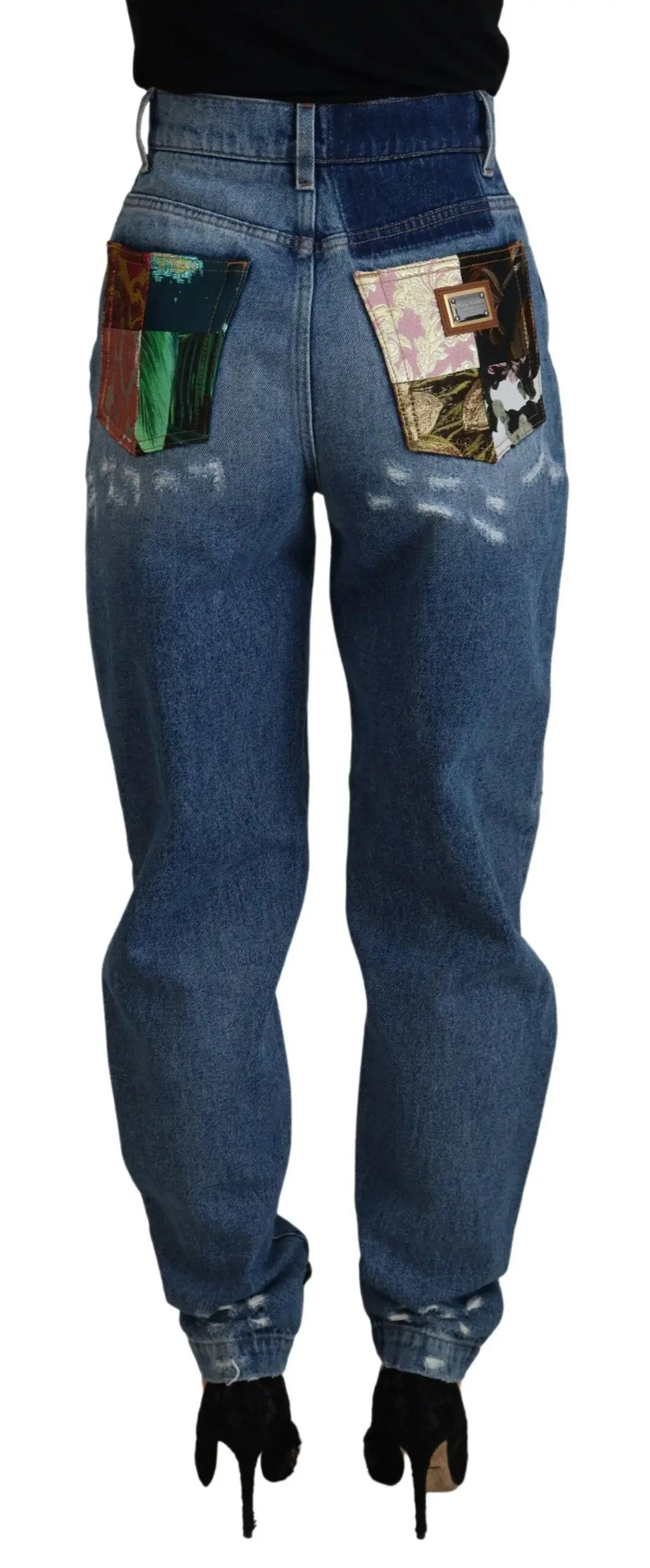 Jean skinny bleu déchiré dolce & gabbana en coton avec poches patchwork colorées et texturées au dos
