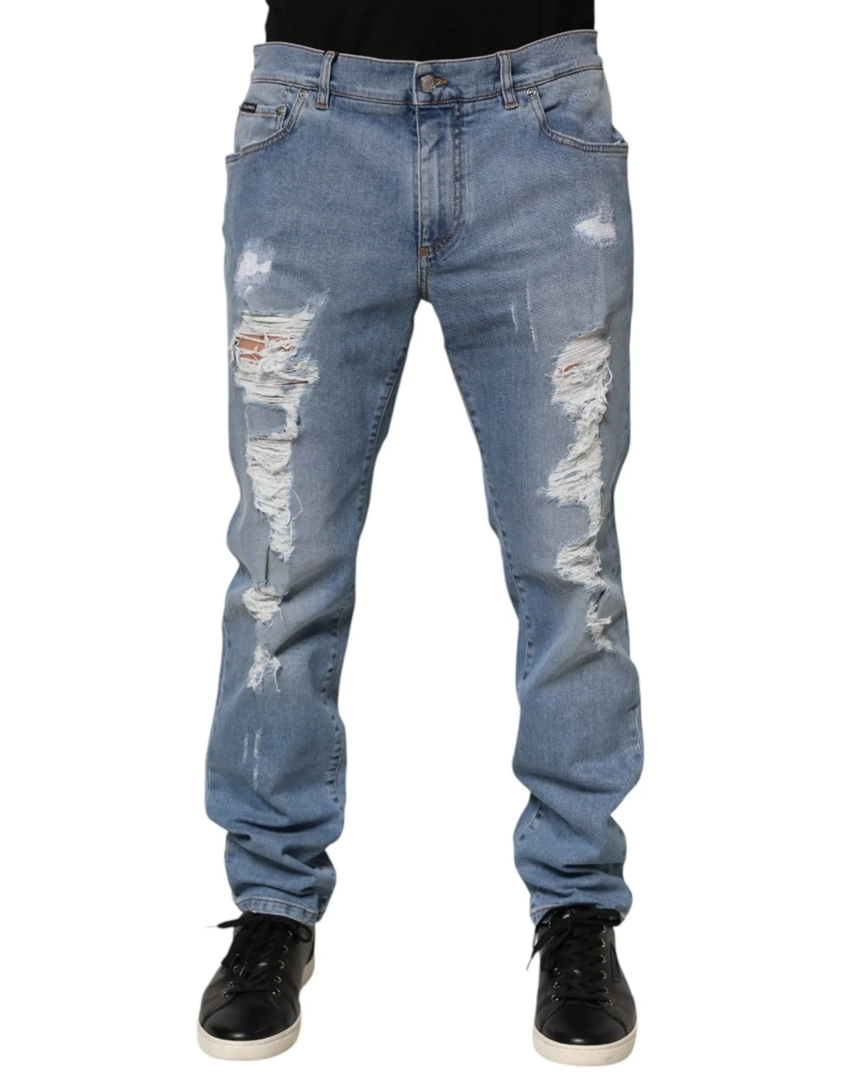 Jean en denim léger bleu dolce amp gabbana à coupe slim avec déchirures effilochées aux cuisses et genoux en coton