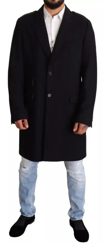 Manteau long en laine noire dolce gabbana avec trois boutons et poches à rabat