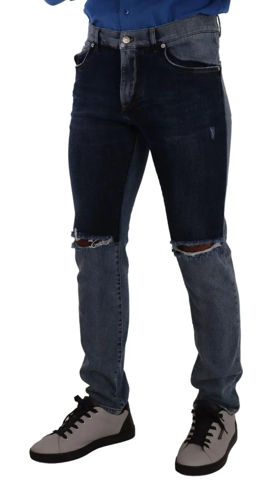Jeans slim en denim bleu deux tons dolce gabbana en coton avec genoux déchirés et effet délavé