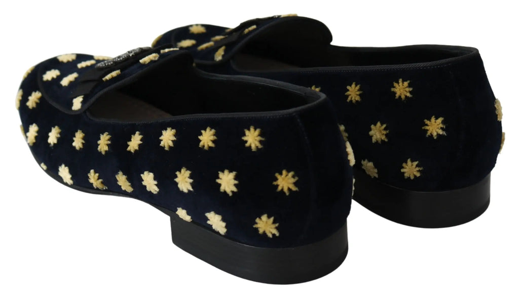 Dolce & gabbana bleu velours mocassins ornes de broderies etoiles dorees en forme de couronne