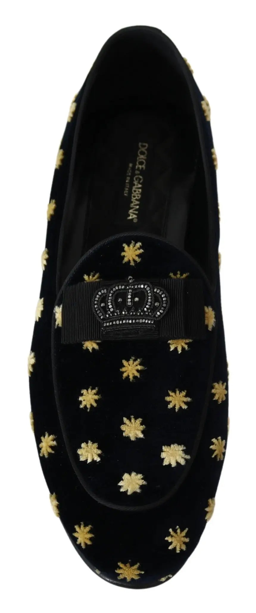 Mocassin slip-on en velours noir dolce gabbana orné d étoiles dorées et ruban central avec couronne embellie