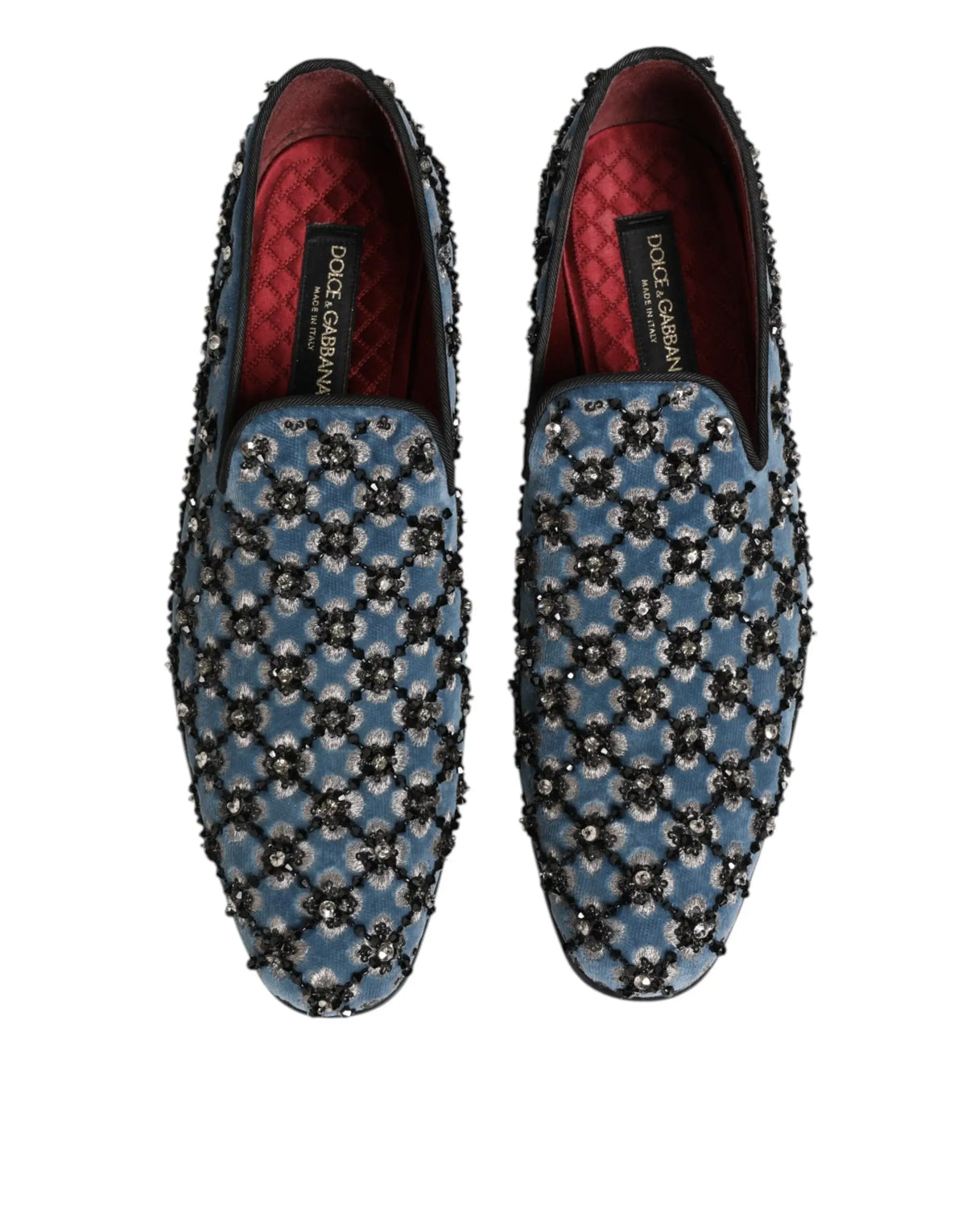 Dolce & gabbana mocassins bleus en velours pour hommes avec perles noires et argentées florales en cristal