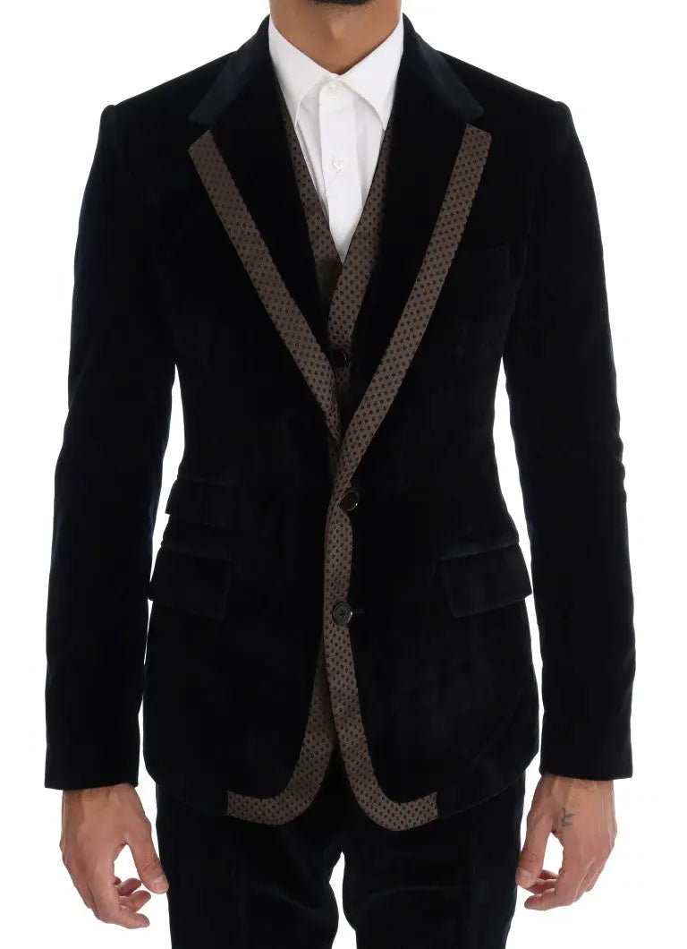 Veste en velours noir dolce gabbana avec bordure à pois marron contrastante sur les revers et l ouverture frontale