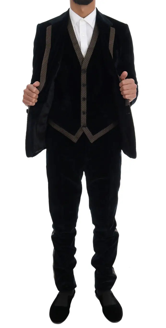 Costume trois pièces en velours noir dolce & gabbana avec bordure grise contrastante et coupe slim à deux boutons