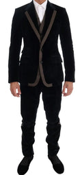 Dolce & gabbana blue velvet deux boutons costume trois pièces slim avec finition en velours noir et bordure marron à motifs