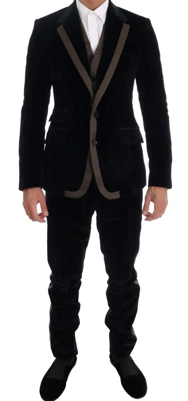 Dolce & gabbana blue velvet deux boutons costume trois pièces slim avec finition en velours noir et bordure marron à motifs