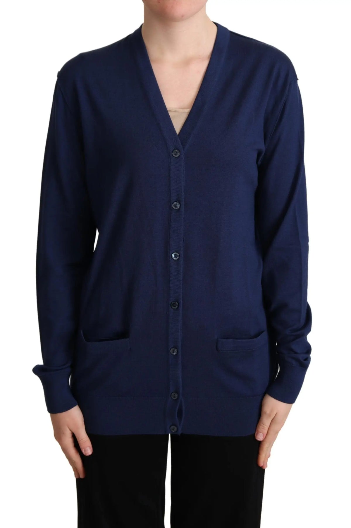 Cardigan dolce & gabbana bleu marine en laine vierge avec manches longues boutons et poches avant