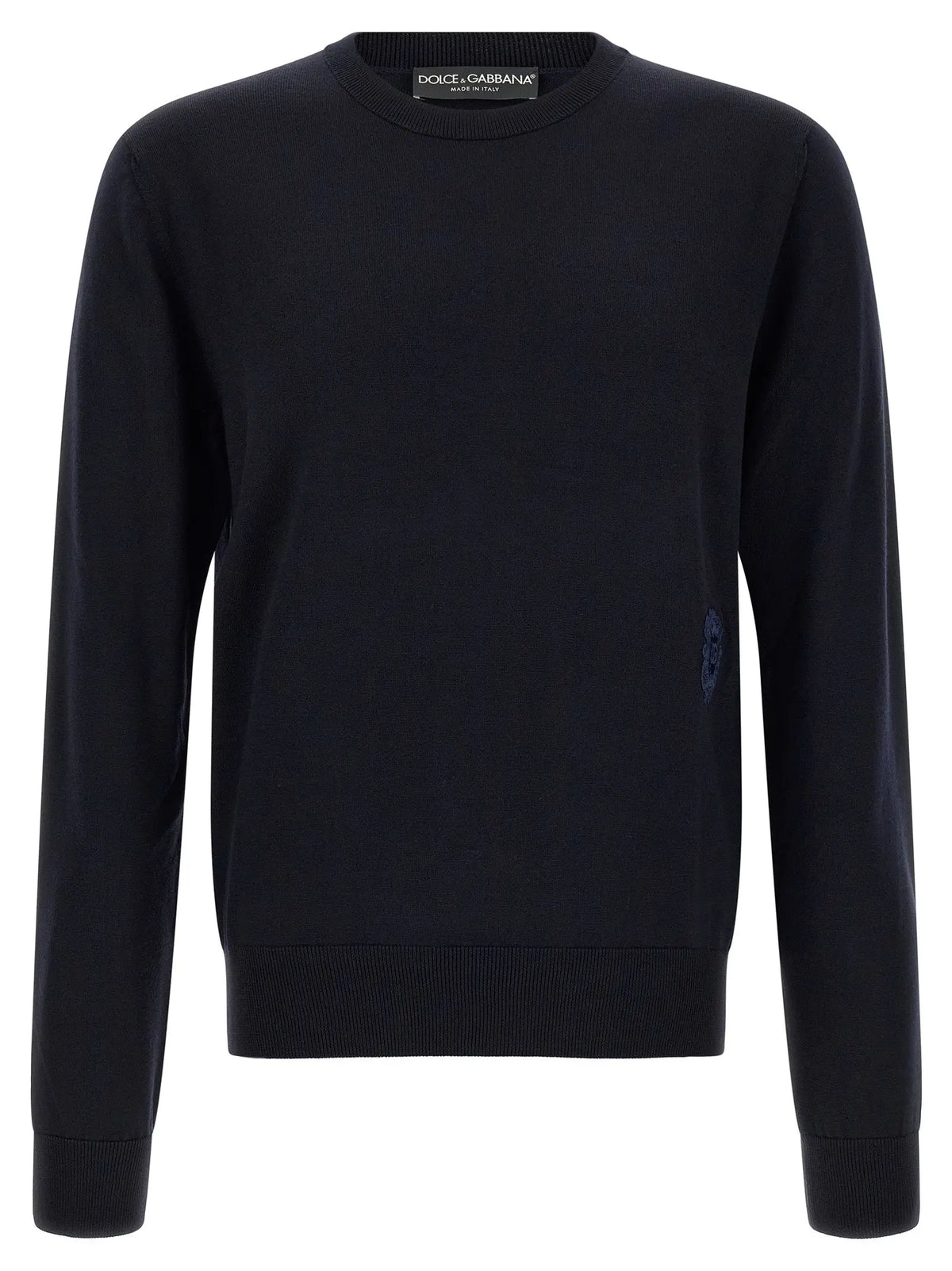 Pull noir dolce & gabbana à col rond en laine vierge avec poignets et ourlet côtelés