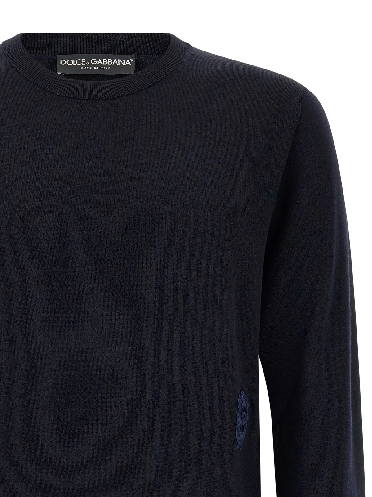 Dolce & gabbana cardigan bleu en laine vierge avec broderie discrète de crâne sur la manche noire
