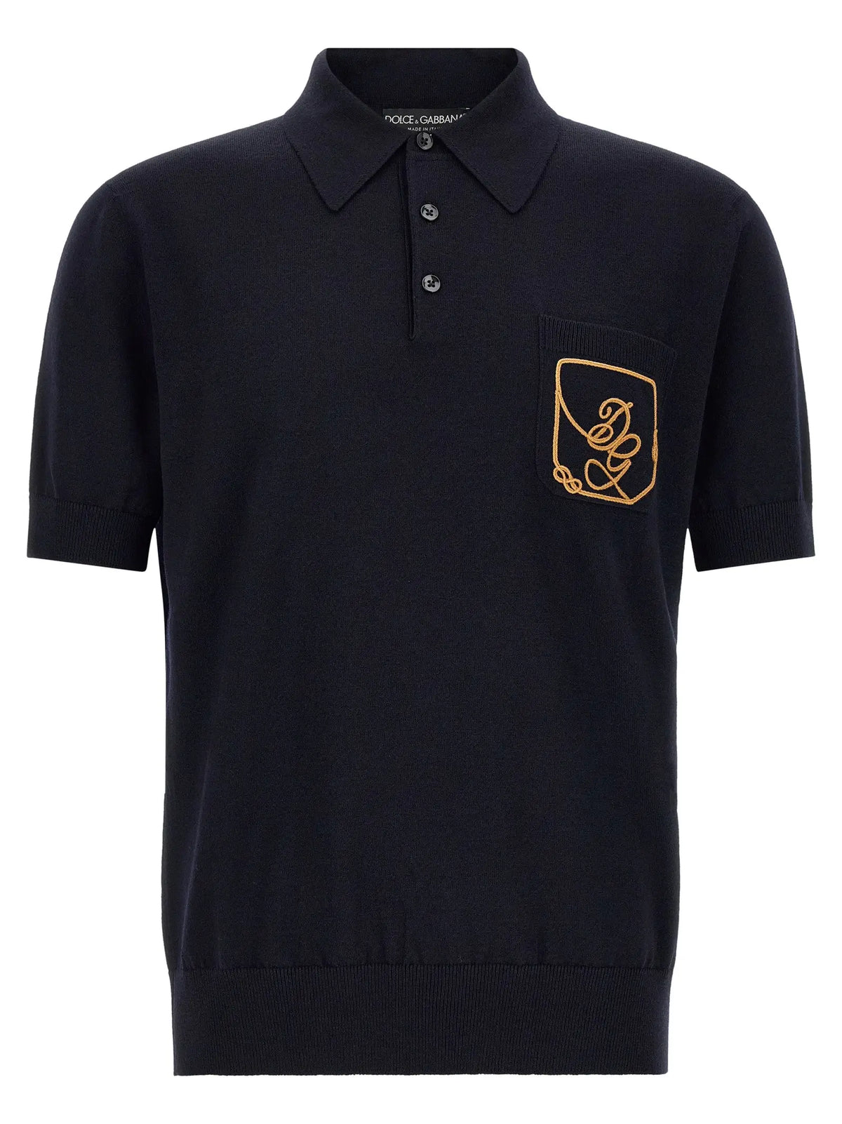 Polo noir dolce & gabbana en laine vierge avec logo doré brodé sur la poche poitrine