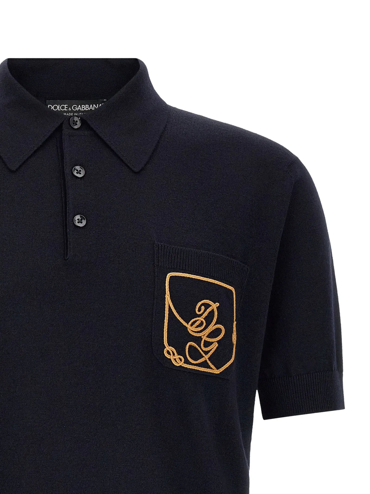 Polo dolce & gabbana noir en laine vierge bleu avec logo doré brodé sur la poche poitrine