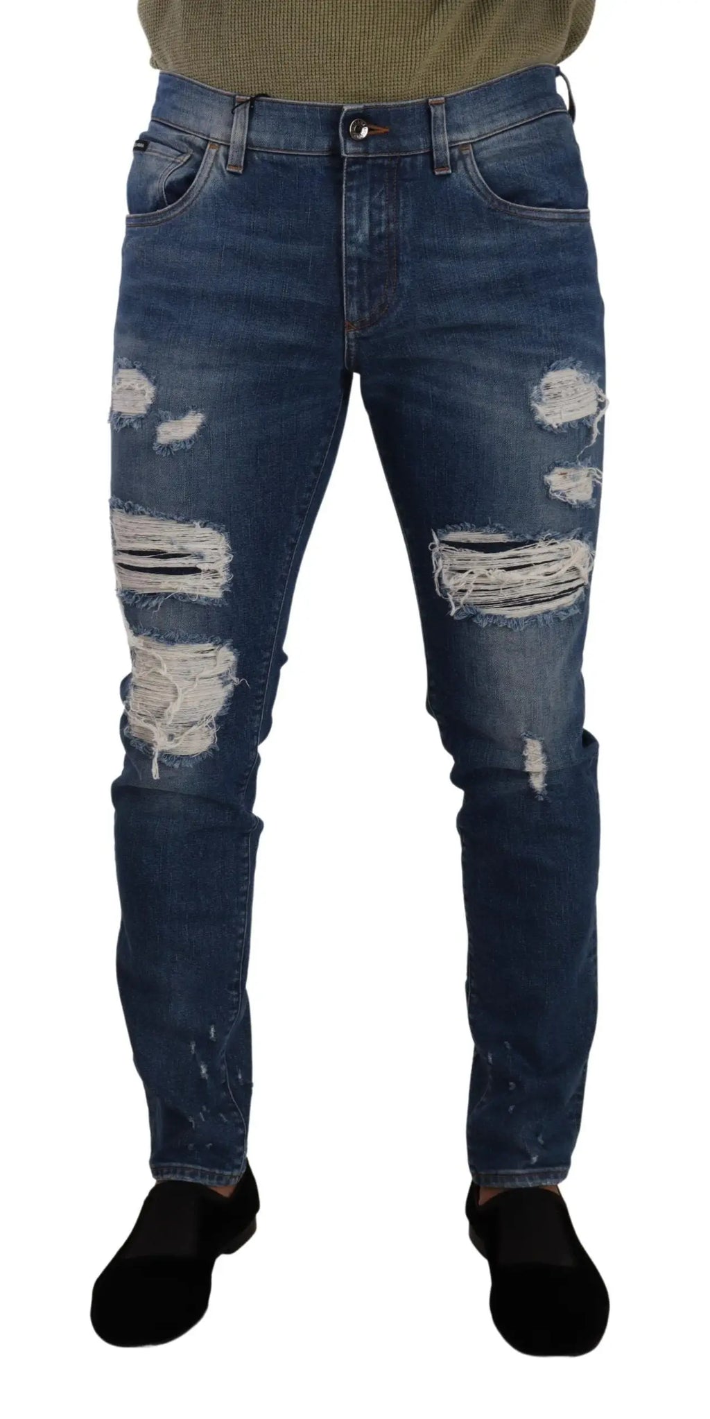 Jeans slim fit en denim extensible coton bleu délavé dolce gabbana avec détails déchirés et effilochés