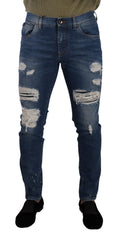 Jeans slim fit en denim extensible coton bleu délavé dolce gabbana avec détails déchirés et effilochés