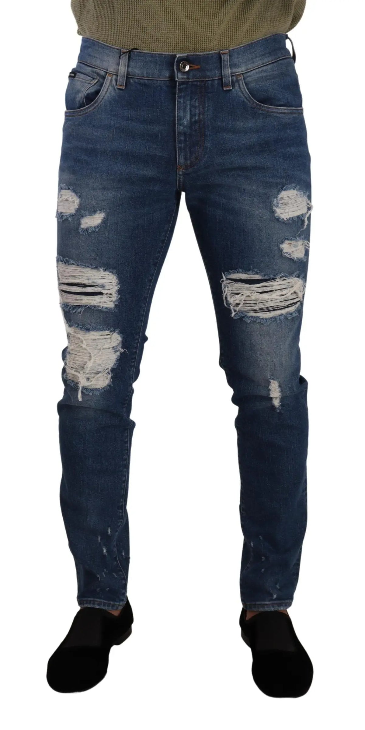Jeans slim fit en denim extensible coton bleu délavé dolce gabbana avec détails déchirés et effilochés