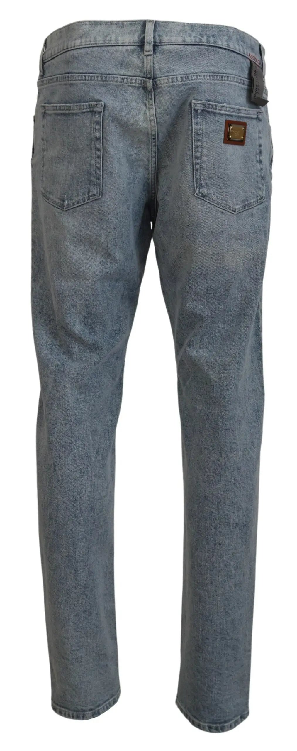 Jean slim fit en denim coton bleu clair dolce gabbana avec cinq poches classiques et patch cuir marron à l’arrière