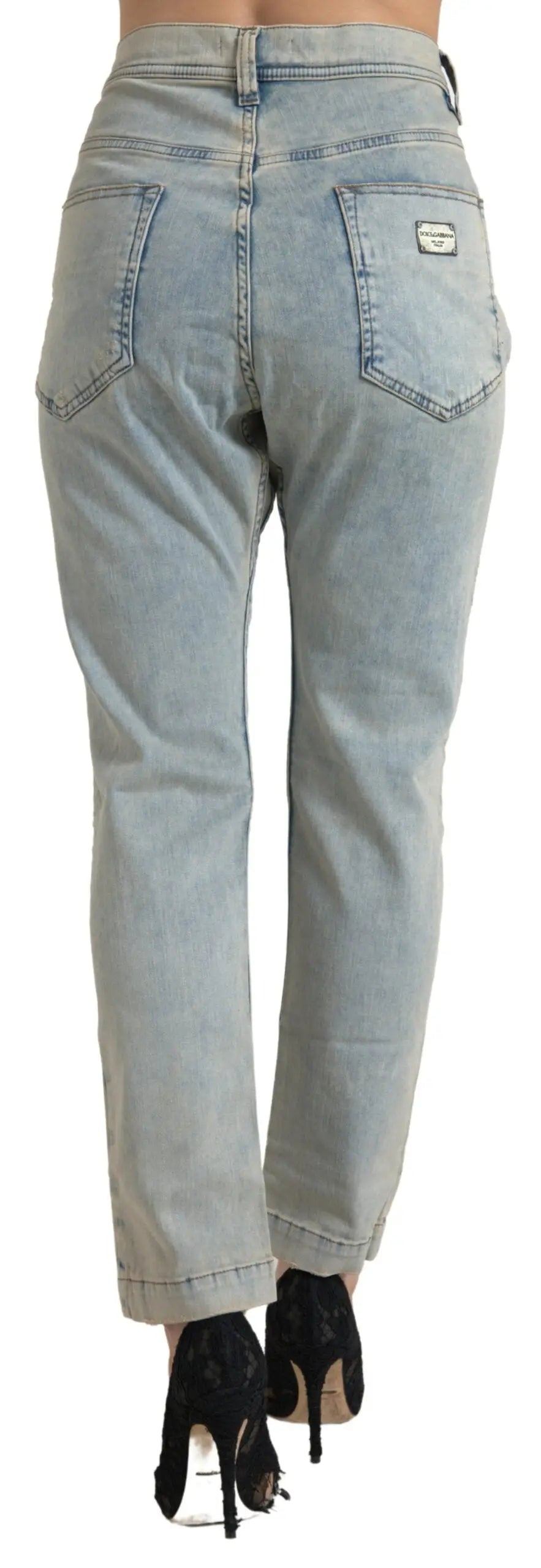 Jeans skinny mi taille en coton bleu délavé dolce & gabbana avec cinq poches et patch marque vue de dos