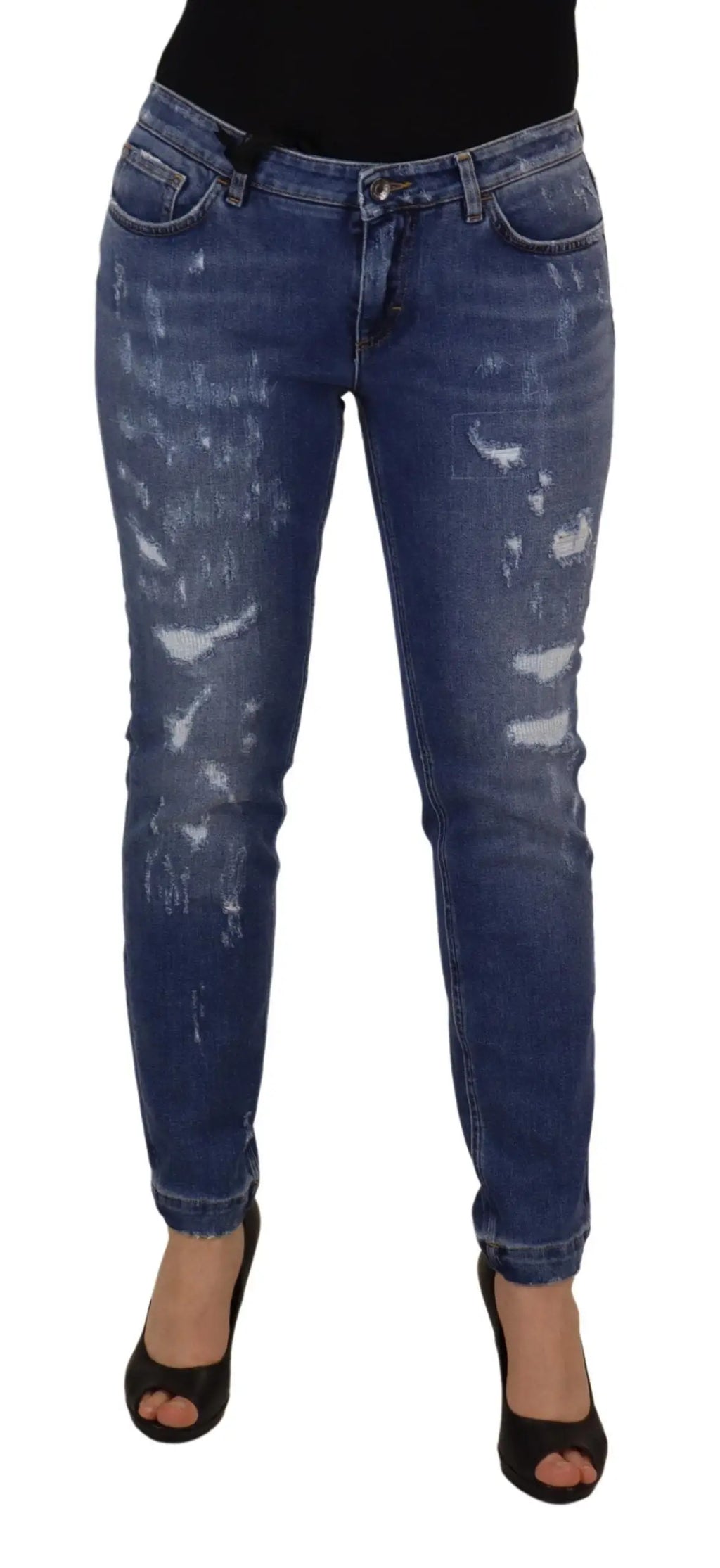 Jean slim bleu délavé en coton avec zones usées dolce & gabbana taille basse