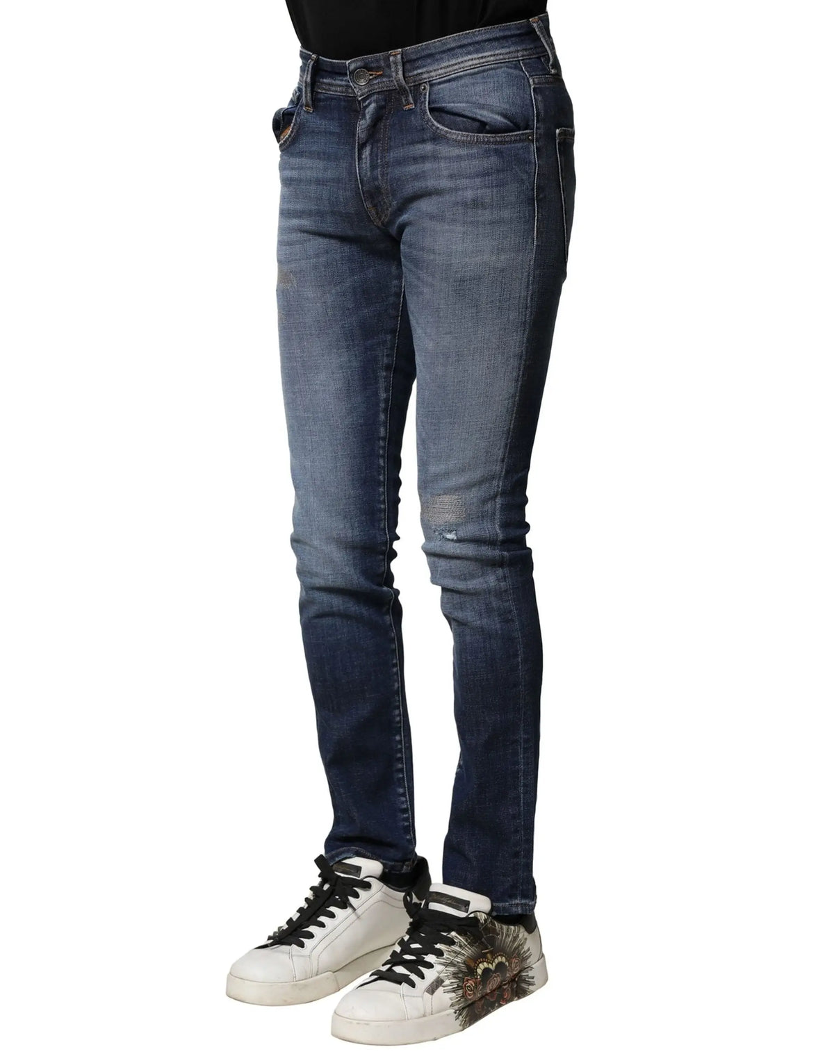Dolce & gabbana jean slim fit en coton bleu délavé avec effet d usure subtil aux genoux en denim homme