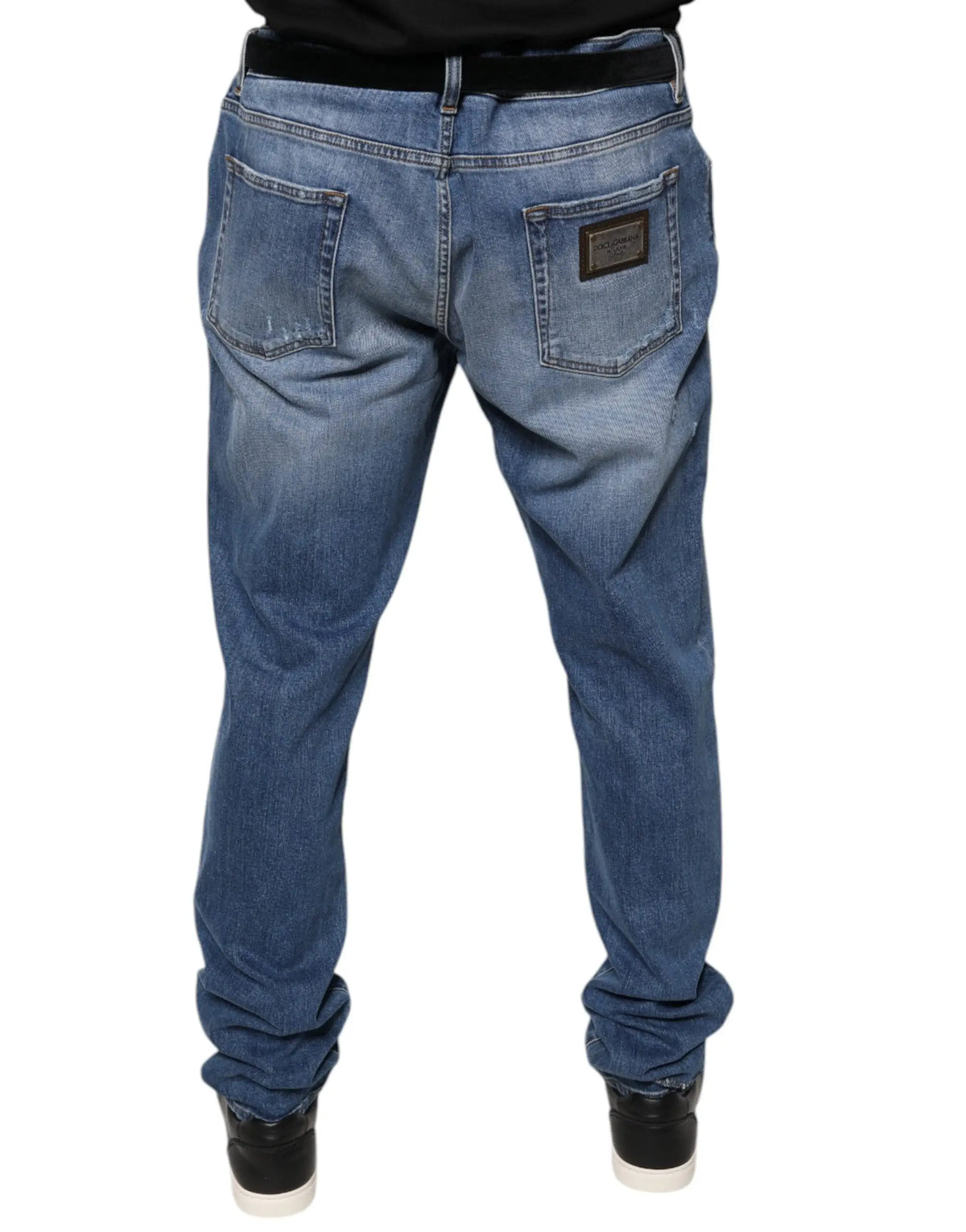 Dolce & gabbana blue washed cotton stretch men denim jeans with a black suede belt and matte black metal buckle