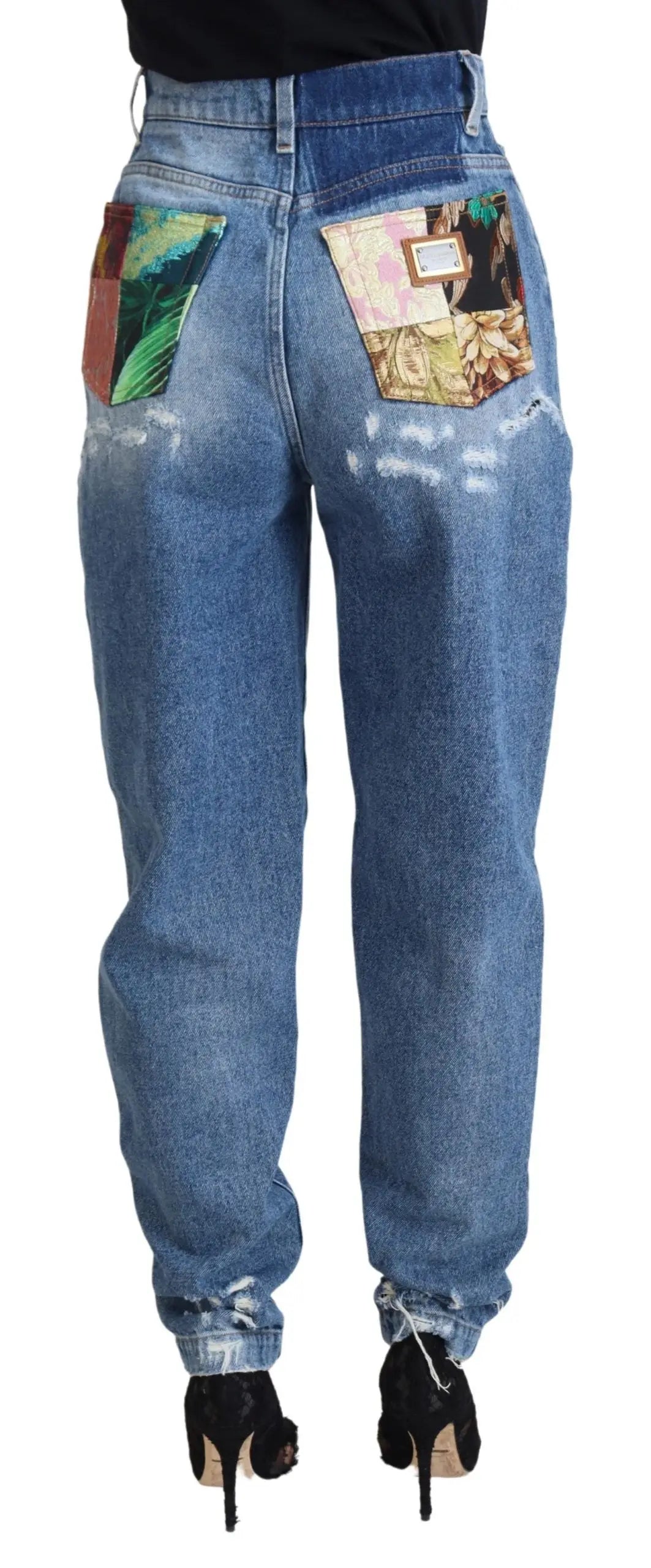 Jeans en denim bleu Dolce & Gabbana avec poches arrière patchwork colorées en coton délavé usé