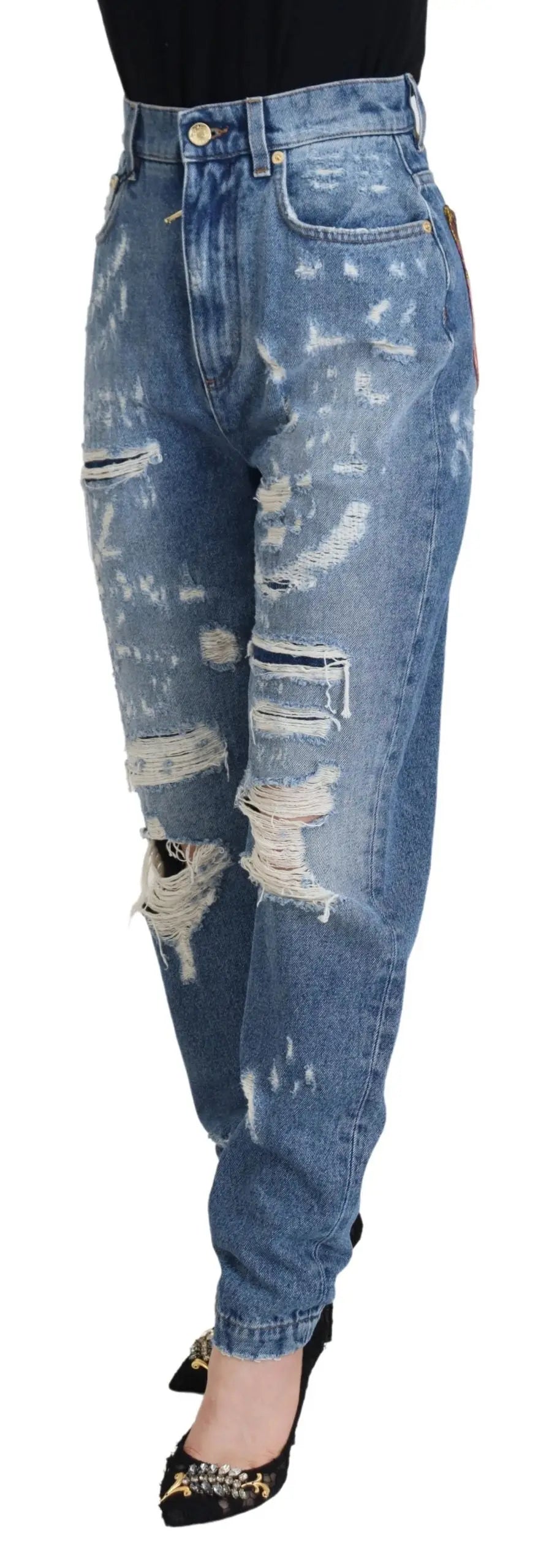 Jean denim délavé bleu dolce gabbana en coton avec genoux déchirés et zones décolorées style usé