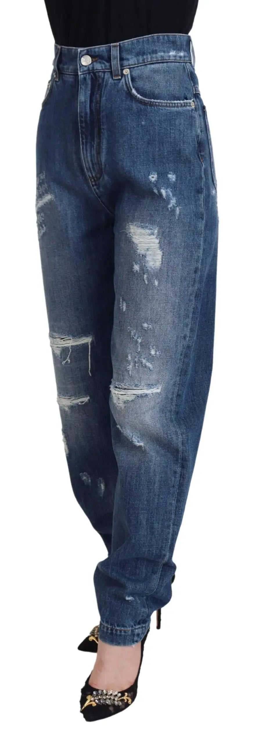 Jean en denim bleu délavé haute taille dolce & gabbana en coton avec genoux déchirés et ourlets retroussés