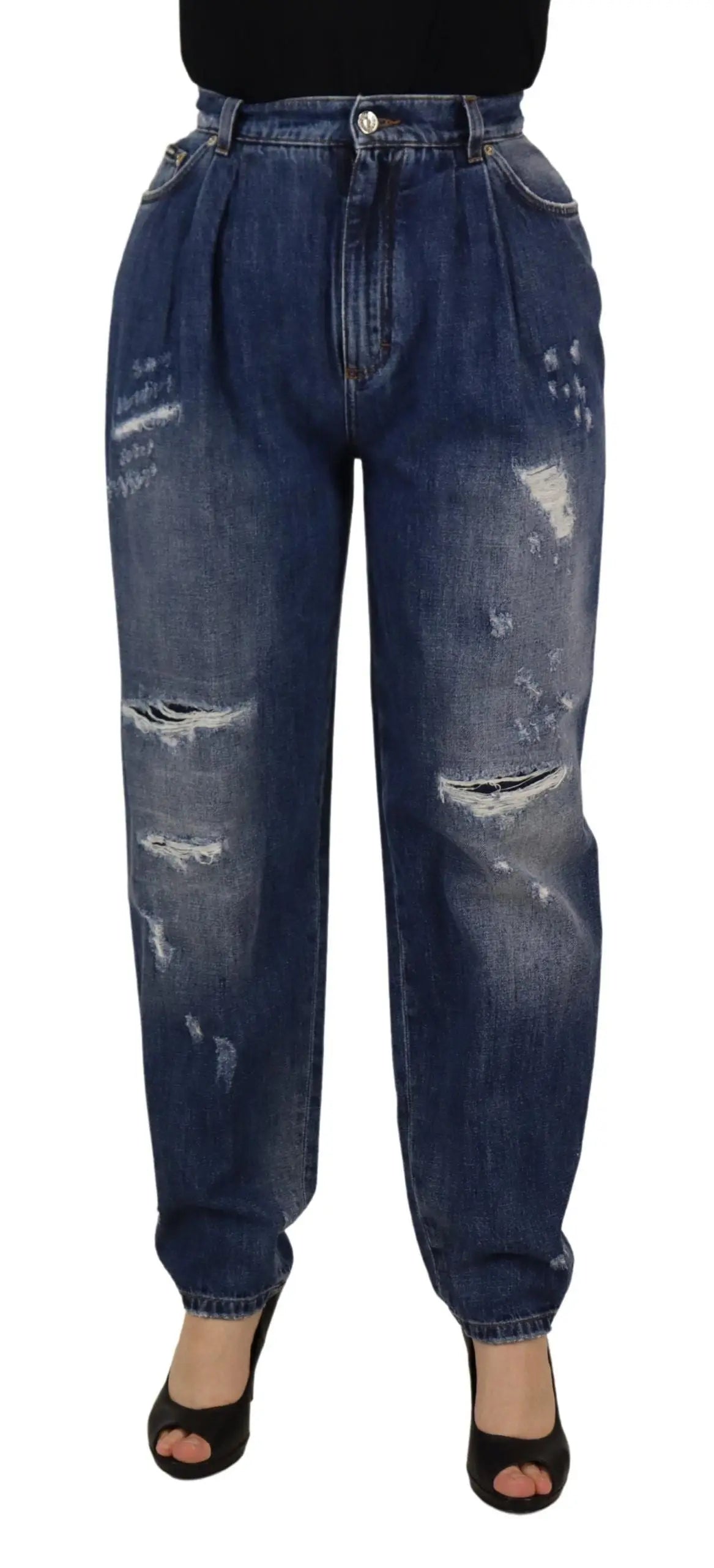 Jean denim bleu foncé taille haute dolce gabbana avec patchs déchirés et détails usés style loose fit