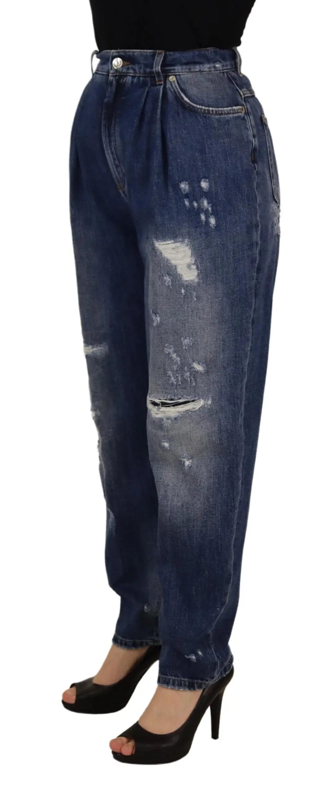 Dolce & Gabbana pantalon ample taille haute en jean bleu foncé délavé avec détails usés et déchirés