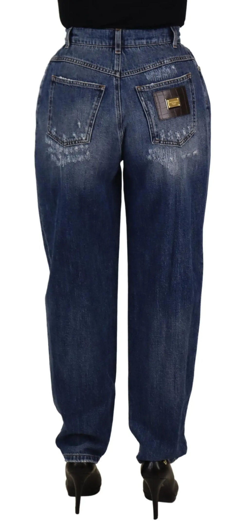 Jeans en denim bleu foncé dolce & gabbana à taille haute avec effet délavé et détails usés vue arrière