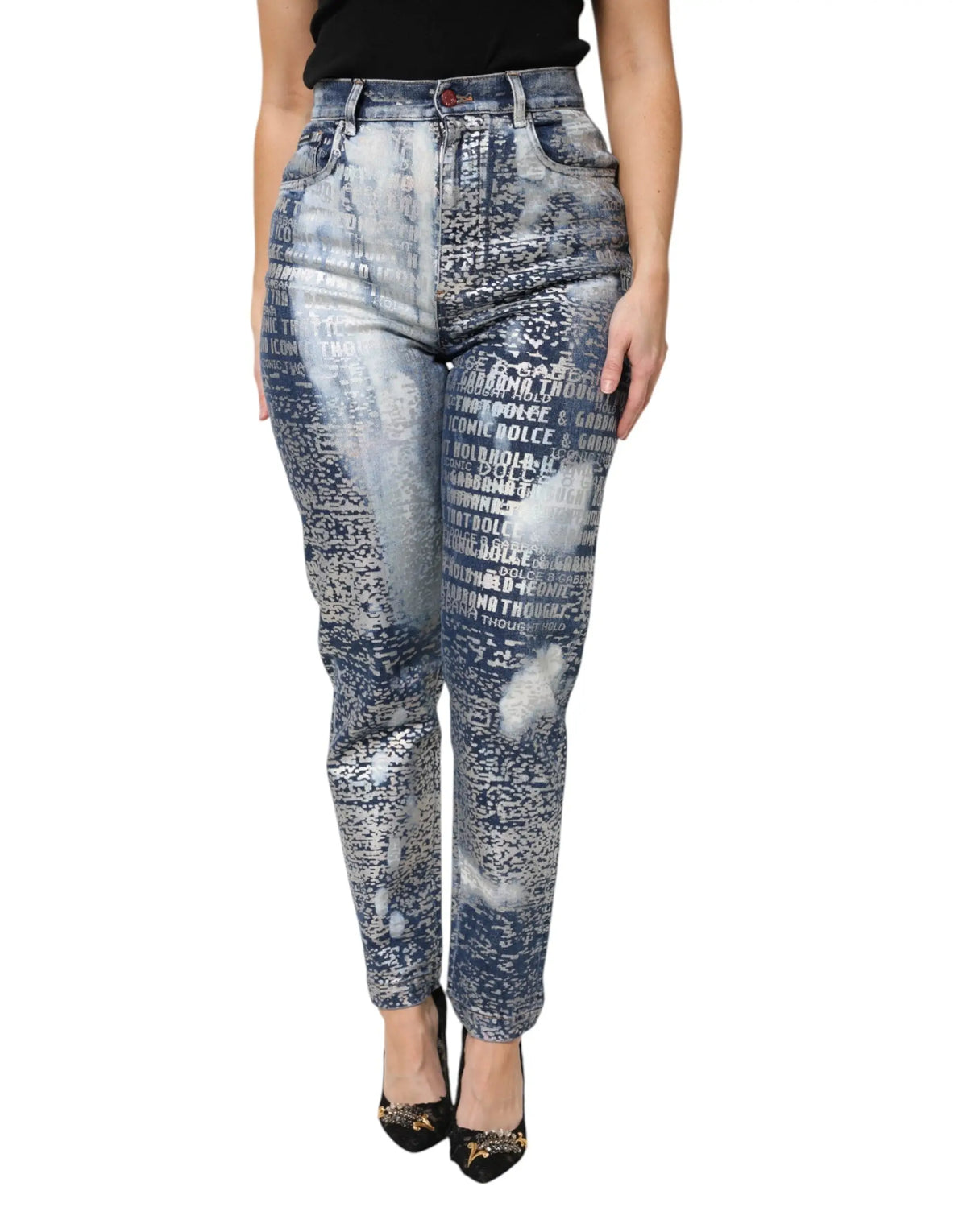 Jean en denim bleu Dolce & Gabbana taille haute avec imprimé graphique usé et éclaboussures blanches abstraites